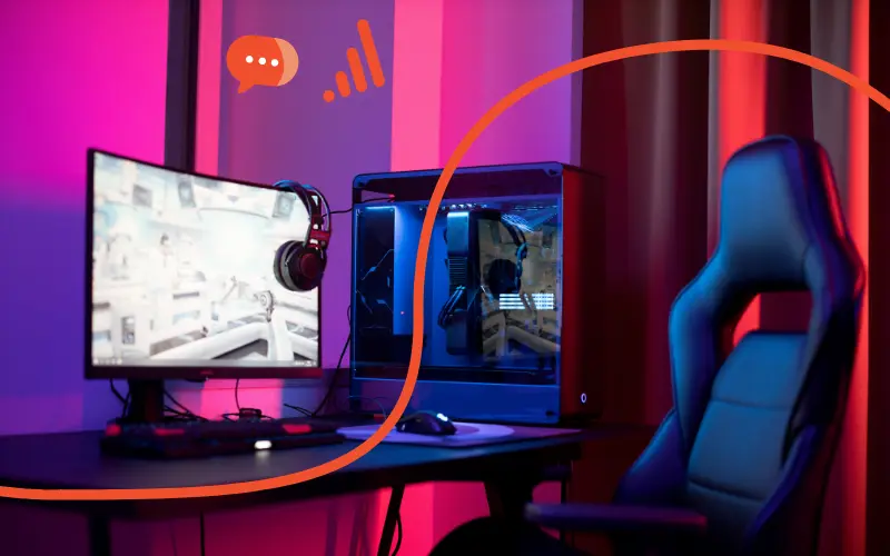 Gamer stol og gamersetup med aktivt onlinespil