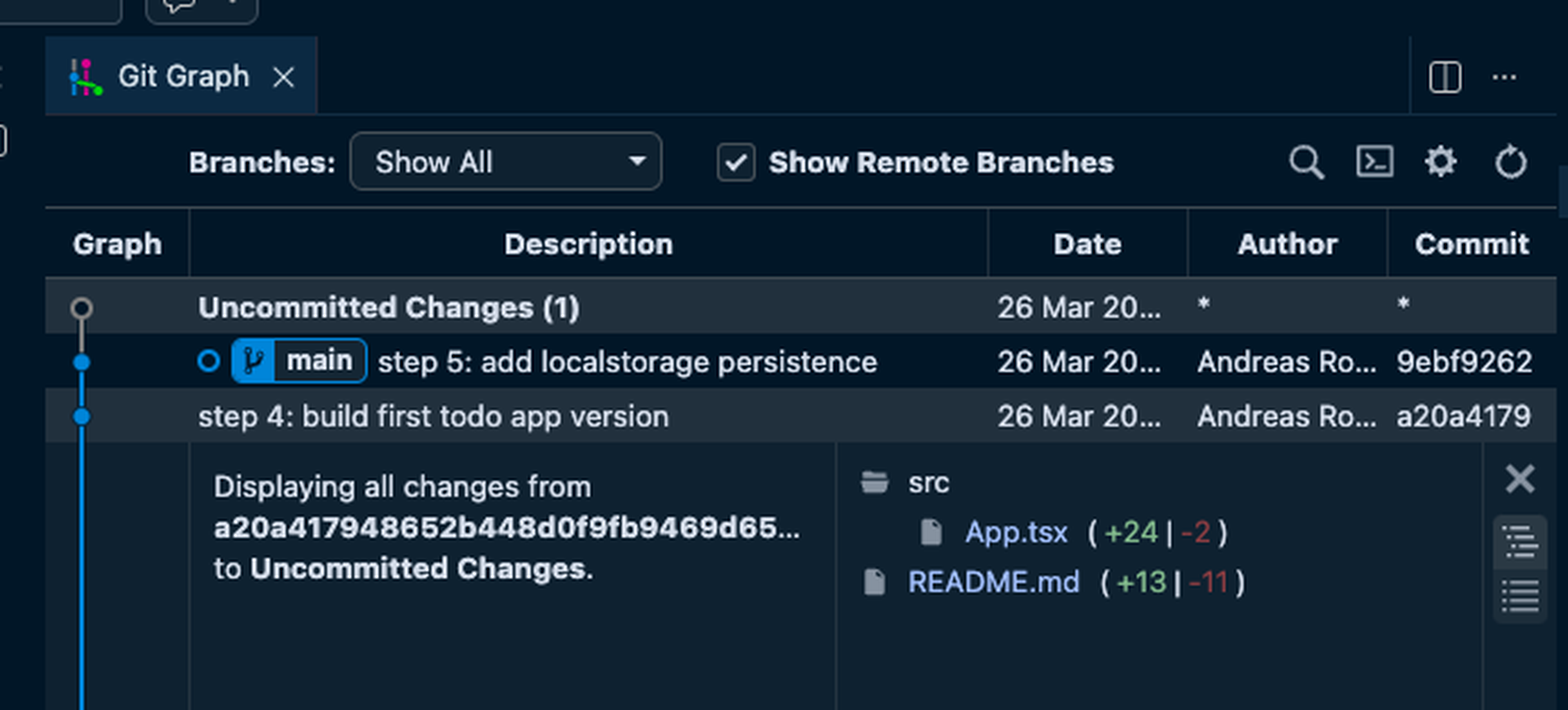 Git graph interface showing uncommitted changes. Includes branch dropdown, step details, and a diff summary in the bottom panel.