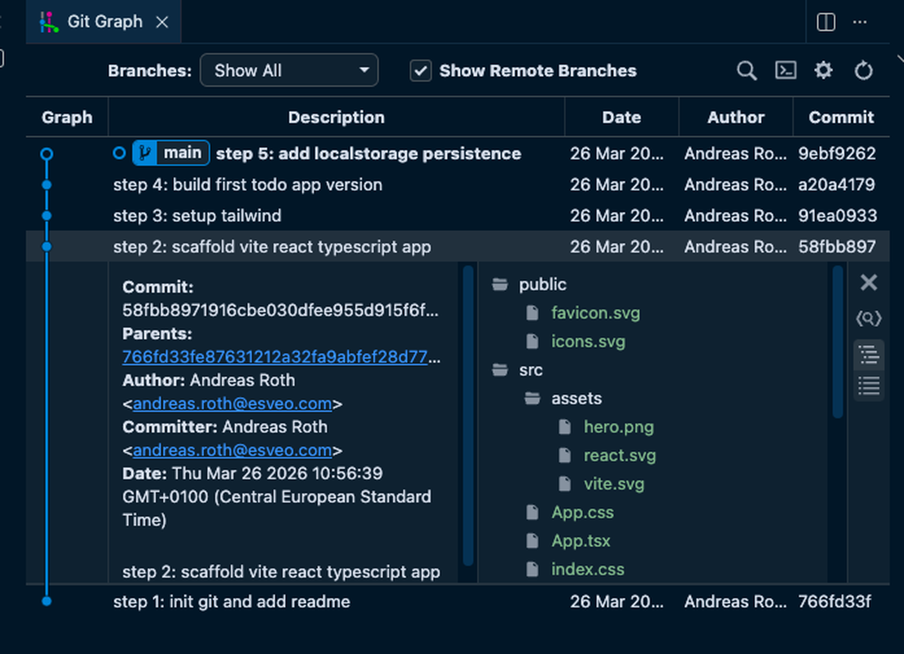 Git graph interface showing branch history with commits, descriptions, dates, authors, and a file tree on the right side.
