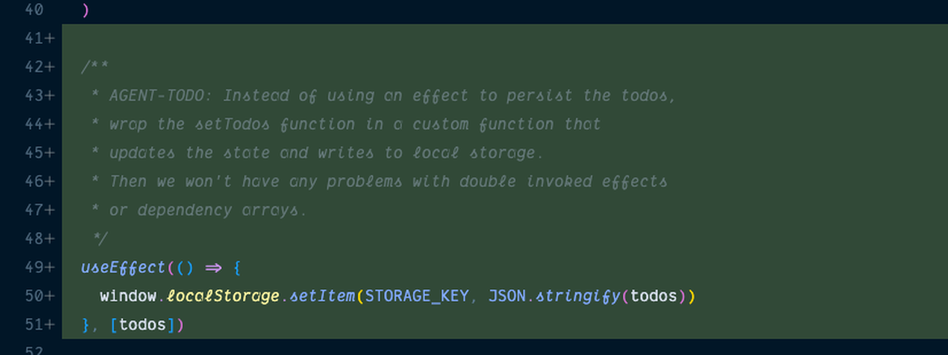 Screenshot of a code editor with a JavaScript useEffect snippet. It mentions persisting todos to local storage and has comments for better understanding.