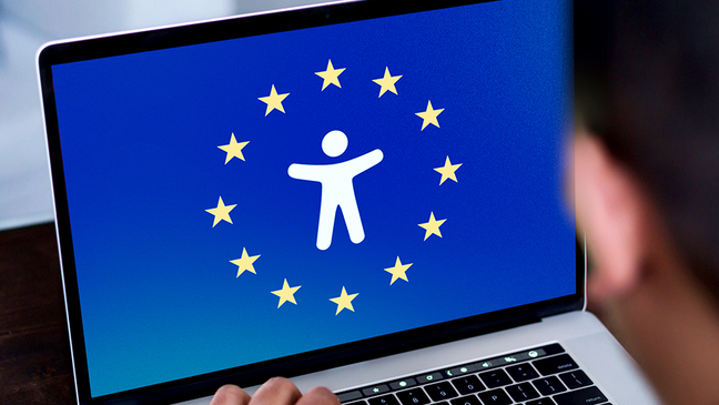Laptop displays an EU flag symbol for digital accessibility.