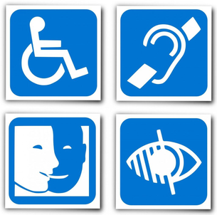 Four different signs depicting a person in a wheelchair, a crossed out ear, a light and a dark face and a crossed out eye.