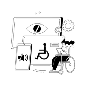 Eine Person im Rollstuhl sitzt auf einem Tablet vor einem Smartphone und zwei weiteren Tablets.