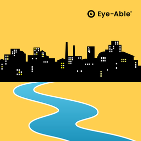 Skyline einer Stadt, aus der ein Fluss entspringt.