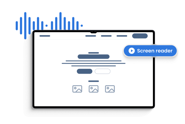 Illustration of a screen reader reading website content, with highlighted audio waves and navigation elements.