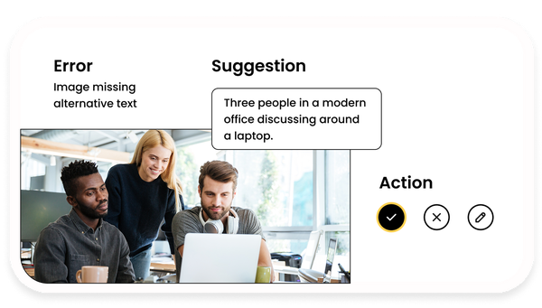 Three people in an office discussing around a laptop.