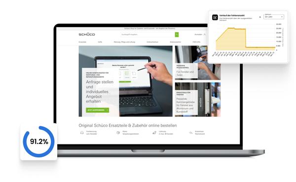 A laptop displaying a website for ordering spare parts, with a graph and a 91.2% icon overlayed on the image.