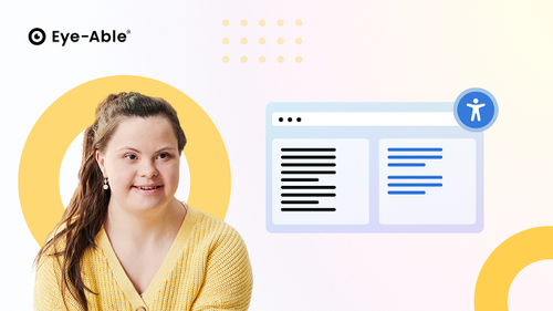 One can see a girl with downsyndrome on the left side. On the right side a scheme can be seen depicting a longer text part and a shortened text part to symbolize the principle of Plain Language.
