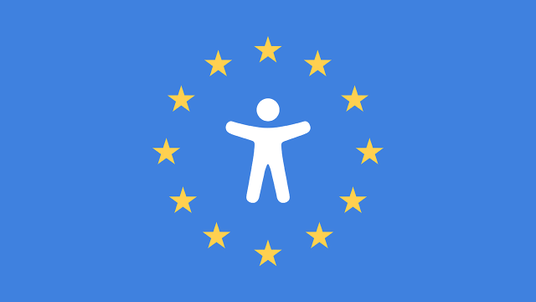 The stickman figure standing for accessibility is depictured in the center of the picture. The figure is placed in the middle of the european flag.
