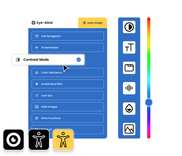 Eye-Able accessibility widget showing menu options; Contrast Mode is selected.