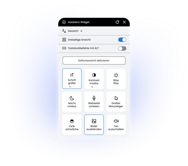 Eye-Able Widget mit Barrierefreiheitsfunktionen wie Schriftgröße, Kontrast, Sprachsteuerung und Nachtmodus.