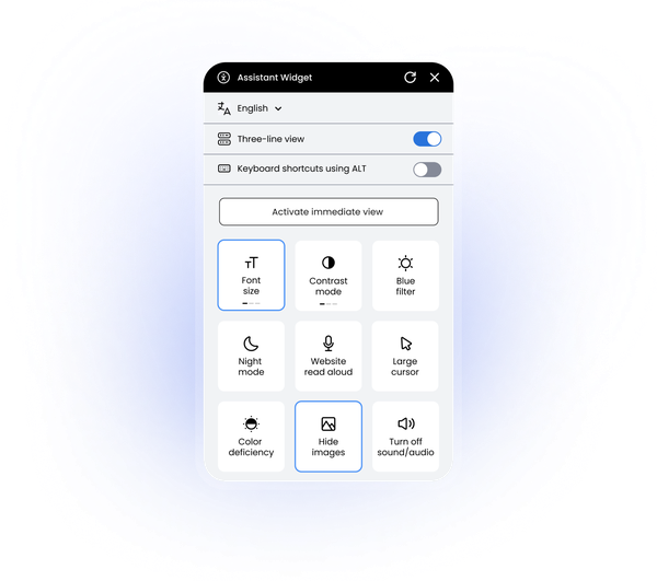 Eye-Able widget showing accessibility functions like text size, contrast, voice and night mode.