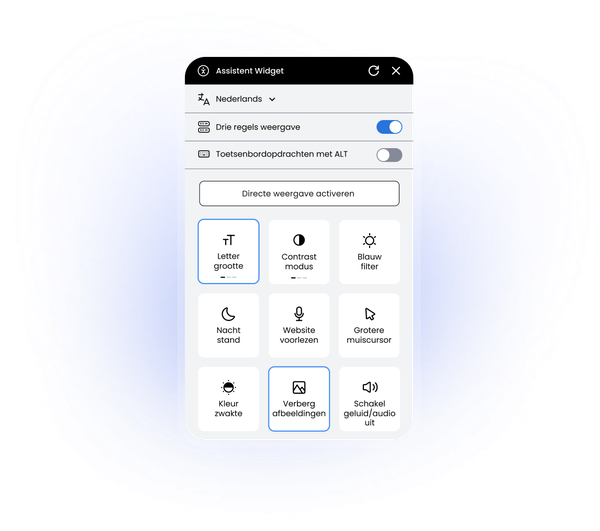 Eye-Able widget met toegankelijkheidsfuncties zoals tekstgrootte, contrast, spraak en nachtmodus.