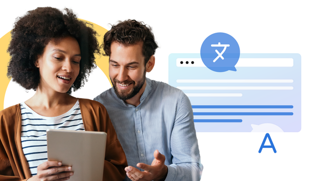 Smiling couple using a tablet for language translation or learning