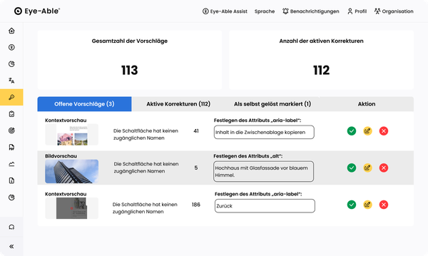 Eye-Able Dashboard mit Barrierefreiheitsvorschlägen, aktiven Korrekturen und Aktionen zur Behebung von Problemen.