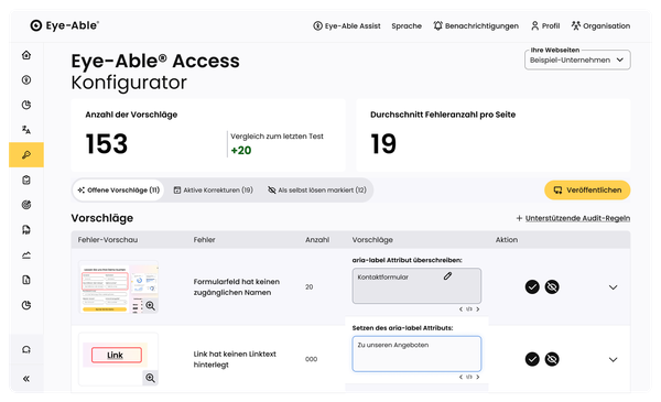 Eye-Able Dashboard mit Barrierefreiheitsvorschlägen, aktiven Korrekturen und Aktionen zur Behebung von Problemen.