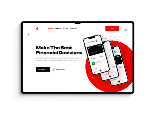 Website interface showing a finance app preview on multiple smartphones with a red graphic background