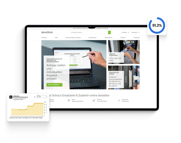 Tablet displaying schueco shop with 91.2% accessibility score and a diagramm on the left corner