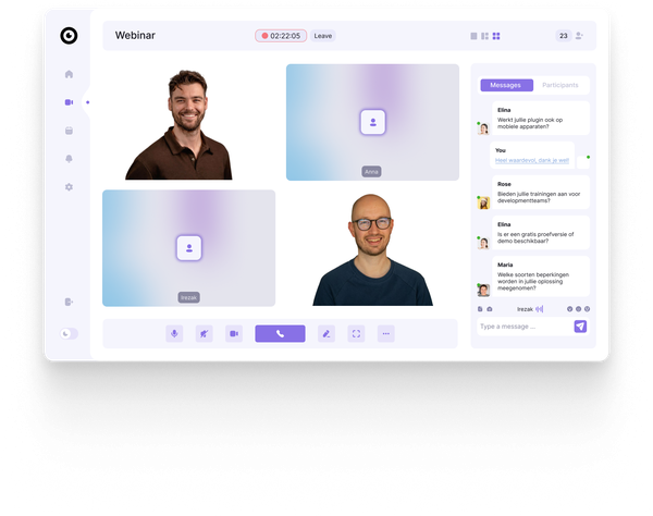 Webinar interface met Arion van Eye-Able en Kevin van Noeste IJver. Rechts staat een chat waar kijkers vragen stellen.