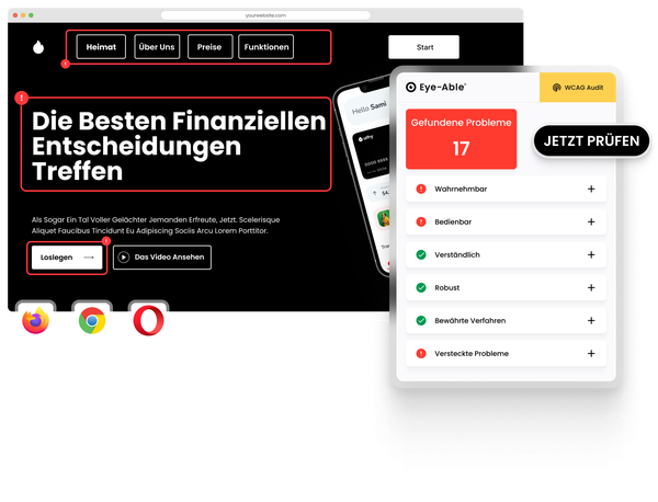 Website-Vorschau mit dem Eye-Able WCAG-Audit-Widget, das gefundene Barrierefreiheitsprobleme und Kategorien anzeigt.