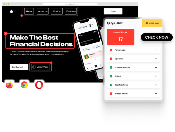 Website preview with the Eye-Able WCAG Audit widget displaying accessibility issues found and issue categories.