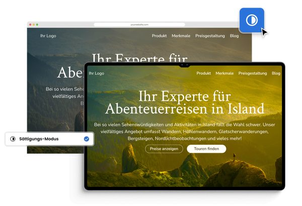 Reise-Website auf einem Tablet, die den aktivierten "Sättigungsmodus" eines Barrierefreiheits-Tools zeigt.