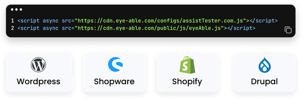 Integration snippet for Eye-Able Assist shown above supported platforms including WordPress, Shopware, Shopify, and Drupal.