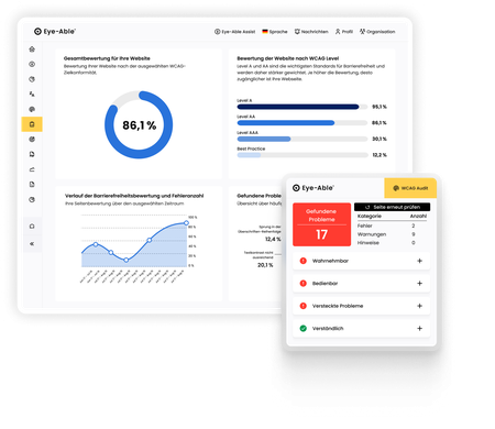 Eye-Able Audit Dashboard mit Website-Bewertung, Fehlerstatistiken und WCAG-Analyse.