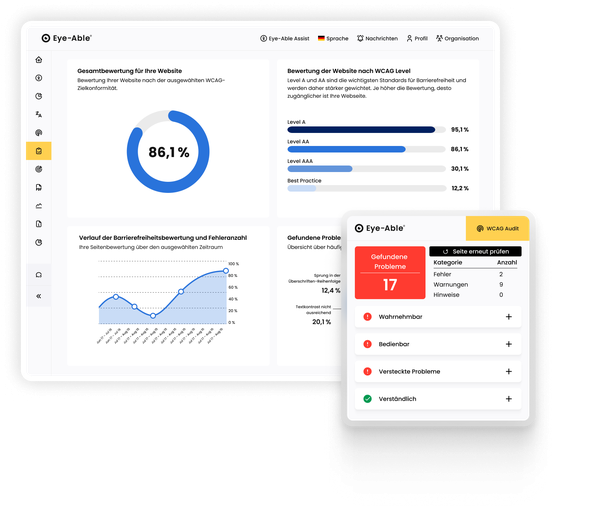 Eye-Able Audit Dashboard mit Website-Bewertung, Fehlerstatistiken und WCAG-Analyse.