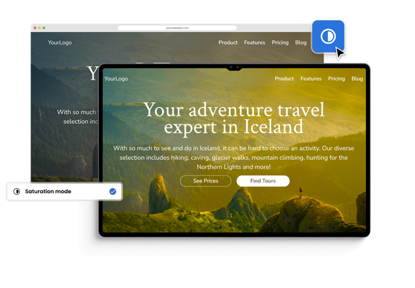 Travel website displayed on a tablet, showing "Saturation mode" active via an accessibility tool.