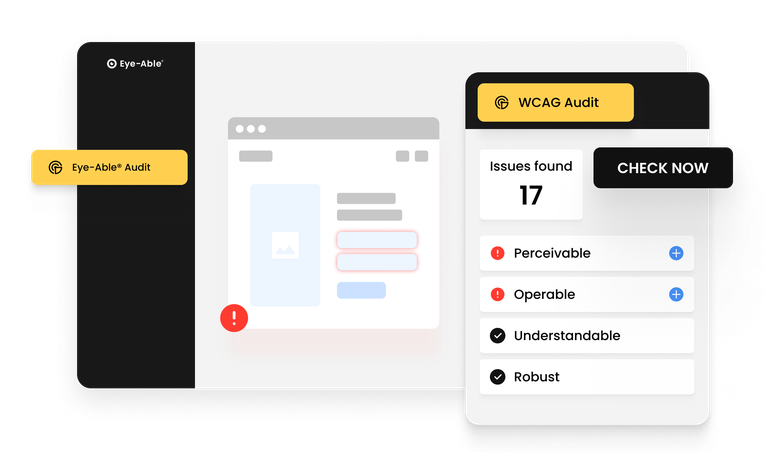 Eye-Able® WCAG Audit detects 17 accessibility issues, categorized by compliance criteria