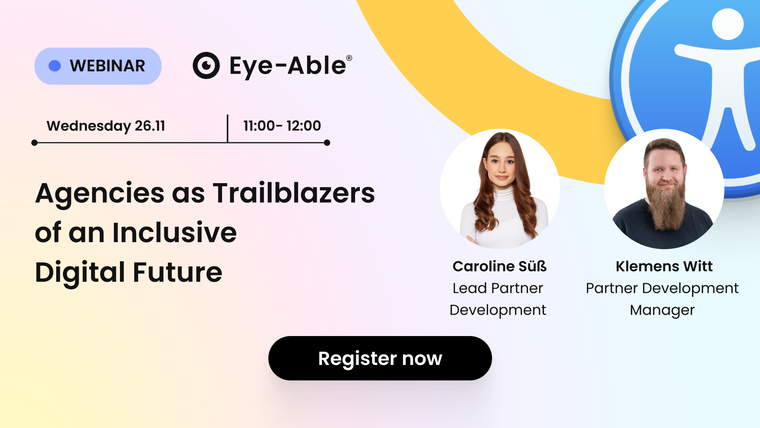 Webinar banner titled "Agencies as Trailblazers of an Inclusive Digital Future" with speakers Caroline Suß and Klemens Witt.