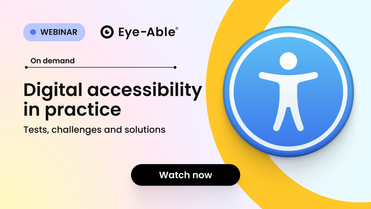 Webinar banner titled "Digital accessibility in practice" with a blue accessibility icon and "Watch now" button.