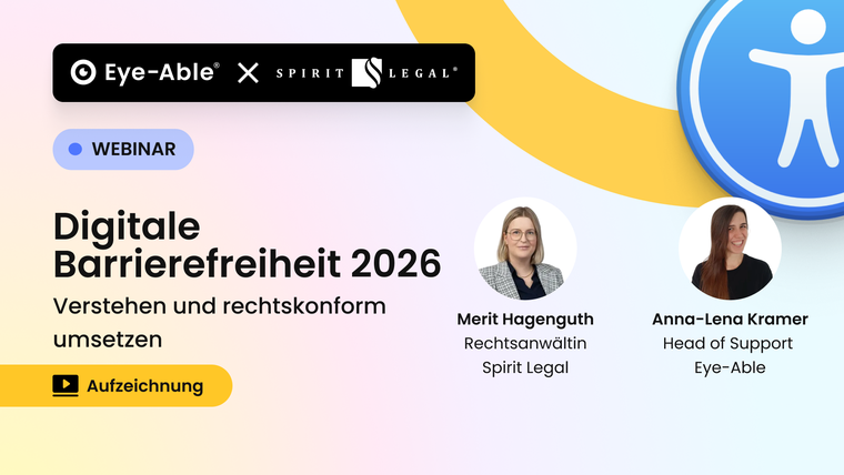 Teaserbild, das zur Registrierungsseite verlinkt zum Webinar On-demand "Digitale Barrierefreiheit 2026 verstehen und BFSG-konform umsetzen"