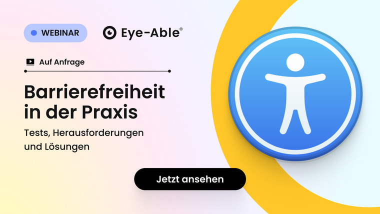 Webinar-Banner mit dem Titel „Digitale Barrierefreiheit in der Praxis“ mit einem blauen Symbol für Barrierefreiheit und einer Schaltfläche „Jetzt ansehen“.