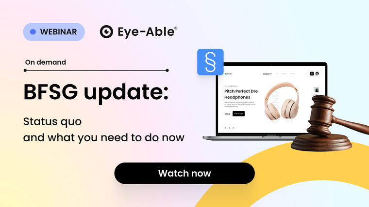 Webinar advertisement featuring a laptop displaying headphones, a gavel, and text: "BFSG update: Status quo and what you need to do now. Watch now."