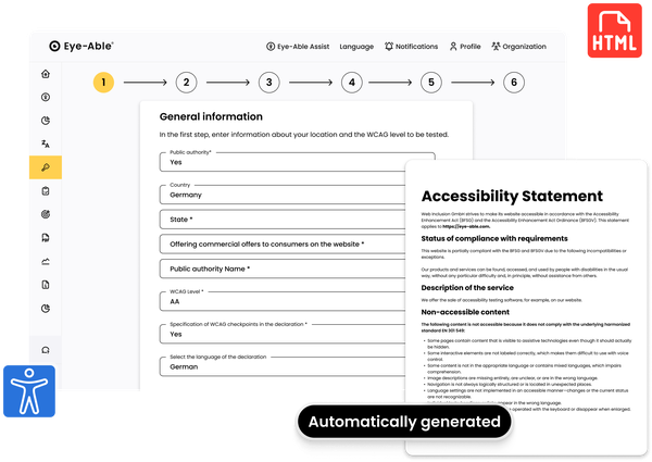 Accessibility statement automatically generated by Eye-Able, displayed next to a form collecting general website information.