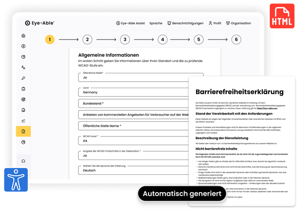 Eye-Able-Schnittstelle mit einem mehrstufigen Formular „Allgemeine Informationen“ auf der linken Seite und einem Feld „Erklärung zur Barrierefreiheit“ mit der Bezeichnung „Automatisch generiert“ auf der rechten Seite.