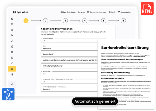 Tablet mit einem Formular zur Bewertung der Barrierefreiheit mit Schrittmarkierungen und einer überlagerten „Erklärung zur Barrierefreiheit“ mit der Bezeichnung „Automatisch generiert“