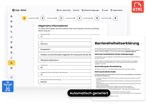 Automatisch von Eye-Able generierte Barrierefreiheitserklärung, dargestellt neben einem Formular zur Erfassung allgemeiner Webseiteninformationen.