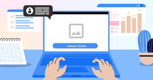 Laptop displaying the words "Manual testing" and icons in the background.