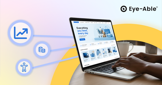 Laptop mit Online Shop auf dem Bildschirm, daneben grafische Symbole für Analyse, Daten und Barrierefreiheit. Oben rechts ist das Eye Able Logo zu sehen.