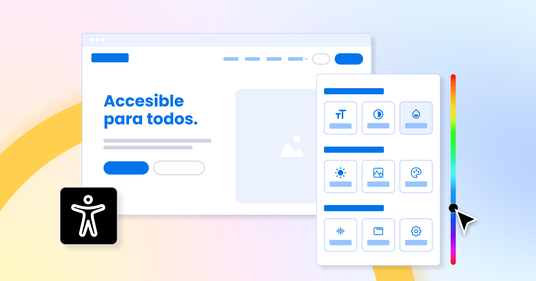 Ilustración de un sitio web con el texto 'Accesible para todos' junto a un menú desplegable de herramientas de accesibilidad visual y un icono de accesibilidad.