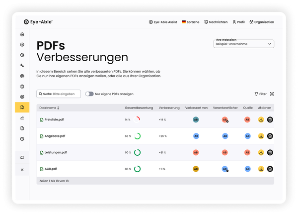 PDF-Analyse mit Barrierefreiheitsbewertung und Liste der Verbesserungsmöglichkeiten.