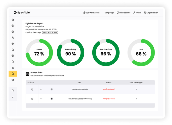 WCAG audit results with accessibility scores overview