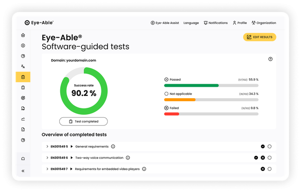 Software-guided WCAG tests showing test results and overview of completed scans.