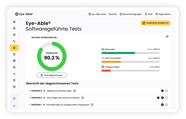 Softwaregestützte WCAG-Tests mit Ergebnisanzeige und Übersicht abgeschlossener Prüfungen.