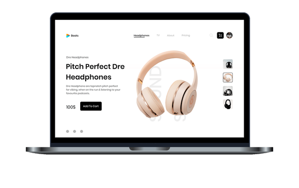 Laptop showing product page for wireless gold-colored headphones.