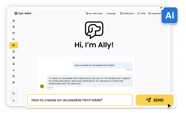 Ally AI accessibility assistant answering questions and providing WCAG guidance.