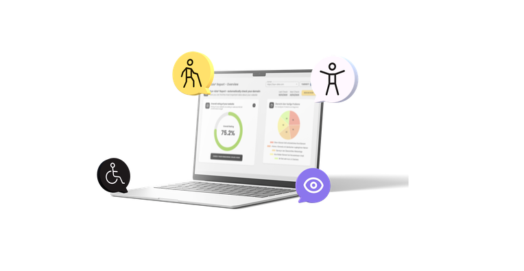 Laptop with Eye-Able dashboard and four icons representing everyday impairments